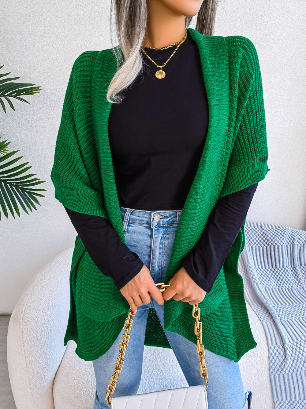 Comfortable Ribbing Open Front Slit Cardigan