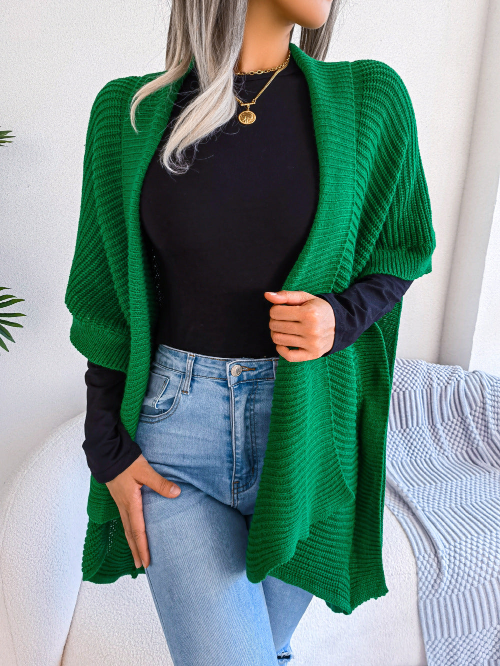 Comfortable Ribbing Open Front Slit Cardigan